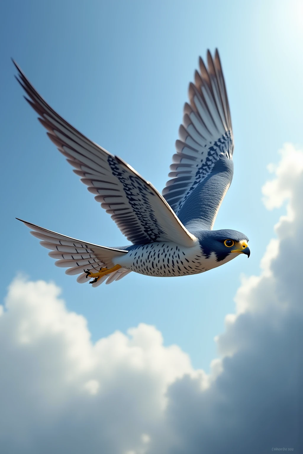 A thrilling, first-person perspective of a peregrine falcon in the midst of a high-speed dive, showcasing its unparalleled predatory vision. The scene is viewed through the falcon’s sharp, binocular focus, with the world around it appearing as a distorted, blurred tunnel of motion, emphasizing the incredible velocity. The edges of the image are streaked with dynamic motion lines and faint distortions caused by the rush of air.

Far below, the falcon’s prey is sharply in focus—a small bird or rabbit, vividly detailed and locked within the falcon’s targeting gaze, its every movement frozen by the predator's keen eyesight. The ground beneath appears to rush upward in a mix of browns and greens, with features such as rocks, trees, or grasslands becoming progressively clearer as the falcon closes in.

The colors are vibrant but selectively detailed, reflecting the falcon's ability to focus on its target while its peripheral vision blurs out distractions. The sensation of speed is further amplified by a faint, transparent layering of air currents streaking past, pulling the viewer into the falcon’s aerodynamic descent.

The lighting creates sharp contrasts, with sunlight streaming through patches of clouds in the upper part of the scene, casting dynamic shadows across the rapidly approaching ground. This immersive image captures not only the falcon’s unparalleled speed but also the precision and clarity of its predatory instincts in action, offering a rare glimpse into the world as seen by the fastest bird on Earth.