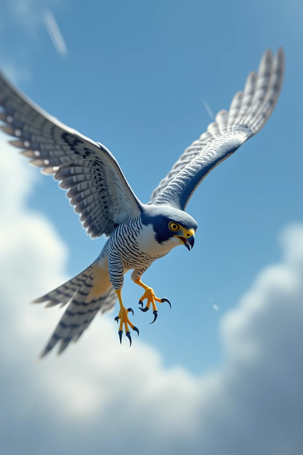 A thrilling, first-person perspective of a peregrine falcon in the midst of a high-speed dive, showcasing its unparalleled predatory vision. The scene is viewed through the falcon’s sharp, binocular focus, with the world around it appearing as a distorted, blurred tunnel of motion, emphasizing the incredible velocity. The edges of the image are streaked with dynamic motion lines and faint distortions caused by the rush of air.

Far below, the falcon’s prey is sharply in focus—a small bird or rabbit, vividly detailed and locked within the falcon’s targeting gaze, its every movement frozen by the predator's keen eyesight. The ground beneath appears to rush upward in a mix of browns and greens, with features such as rocks, trees, or grasslands becoming progressively clearer as the falcon closes in.

The colors are vibrant but selectively detailed, reflecting the falcon's ability to focus on its target while its peripheral vision blurs out distractions. The sensation of speed is further amplified by a faint, transparent layering of air currents streaking past, pulling the viewer into the falcon’s aerodynamic descent.

The lighting creates sharp contrasts, with sunlight streaming through patches of clouds in the upper part of the scene, casting dynamic shadows across the rapidly approaching ground. This immersive image captures not only the falcon’s unparalleled speed but also the precision and clarity of its predatory instincts in action, offering a rare glimpse into the world as seen by the fastest bird on Earth.