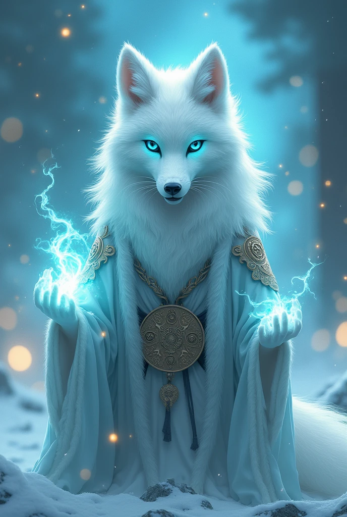 Mystic fox man,with big white hair with blue flames in his hands