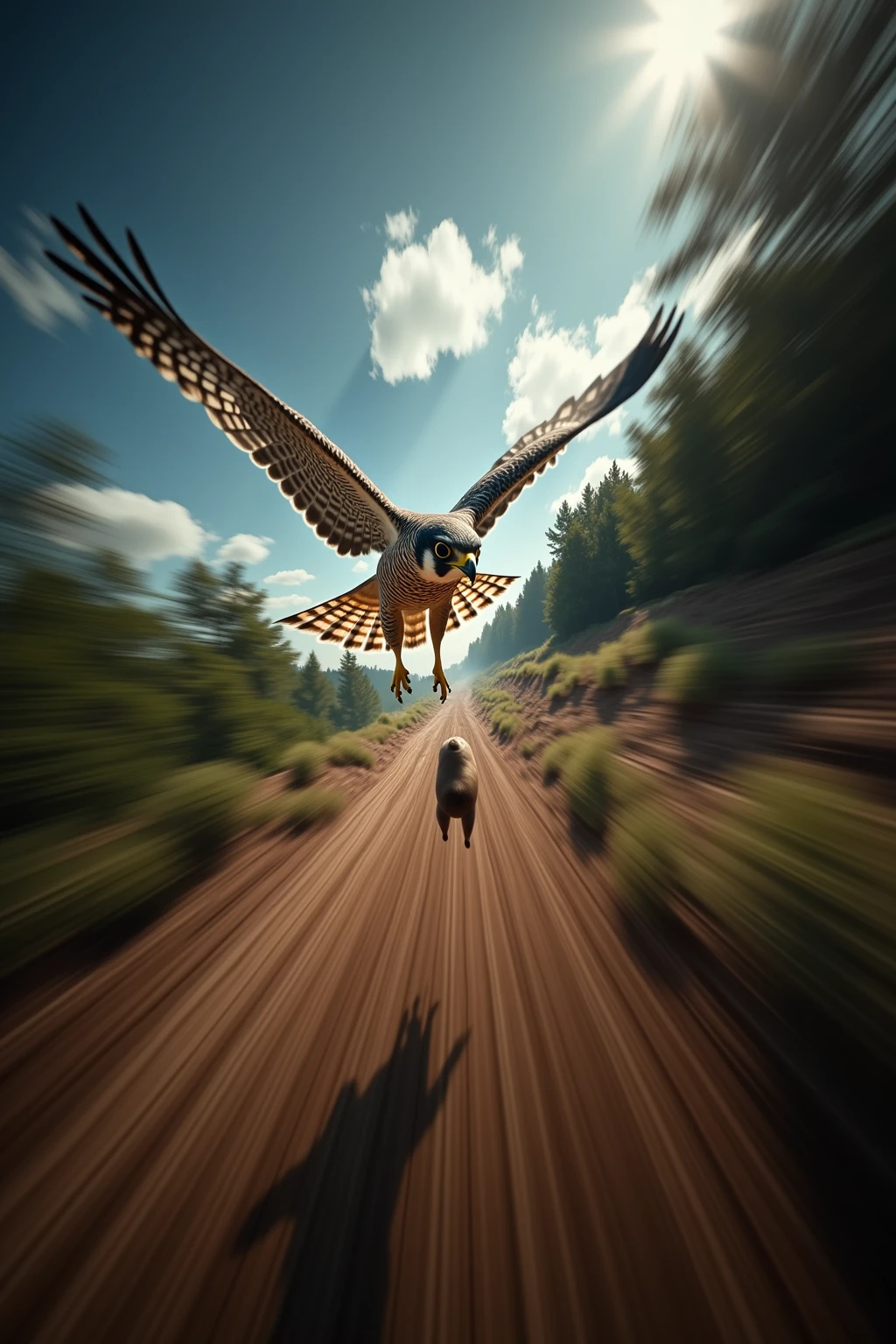 A thrilling, first-person perspective of a peregrine falcon in the midst of a high-speed dive, showcasing its unparalleled predatory vision. The scene is viewed through the falcon’s sharp, binocular focus, with the world around it appearing as a distorted, blurred tunnel of motion, emphasizing the incredible velocity. The edges of the image are streaked with dynamic motion lines and faint distortions caused by the rush of air.

Far below, the falcon’s prey is sharply in focus—a small bird or rabbit, vividly detailed and locked within the falcon’s targeting gaze, its every movement frozen by the predator's keen eyesight. The ground beneath appears to rush upward in a mix of browns and greens, with features such as rocks, trees, or grasslands becoming progressively clearer as the falcon closes in.

The colors are vibrant but selectively detailed, reflecting the falcon's ability to focus on its target while its peripheral vision blurs out distractions. The sensation of speed is further amplified by a faint, transparent layering of air currents streaking past, pulling the viewer into the falcon’s aerodynamic descent.

The lighting creates sharp contrasts, with sunlight streaming through patches of clouds in the upper part of the scene, casting dynamic shadows across the rapidly approaching ground. This immersive image captures not only the falcon’s unparalleled speed but also the precision and clarity of its predatory instincts in action, offering a rare glimpse into the world as seen by the fastest bird on Earth.