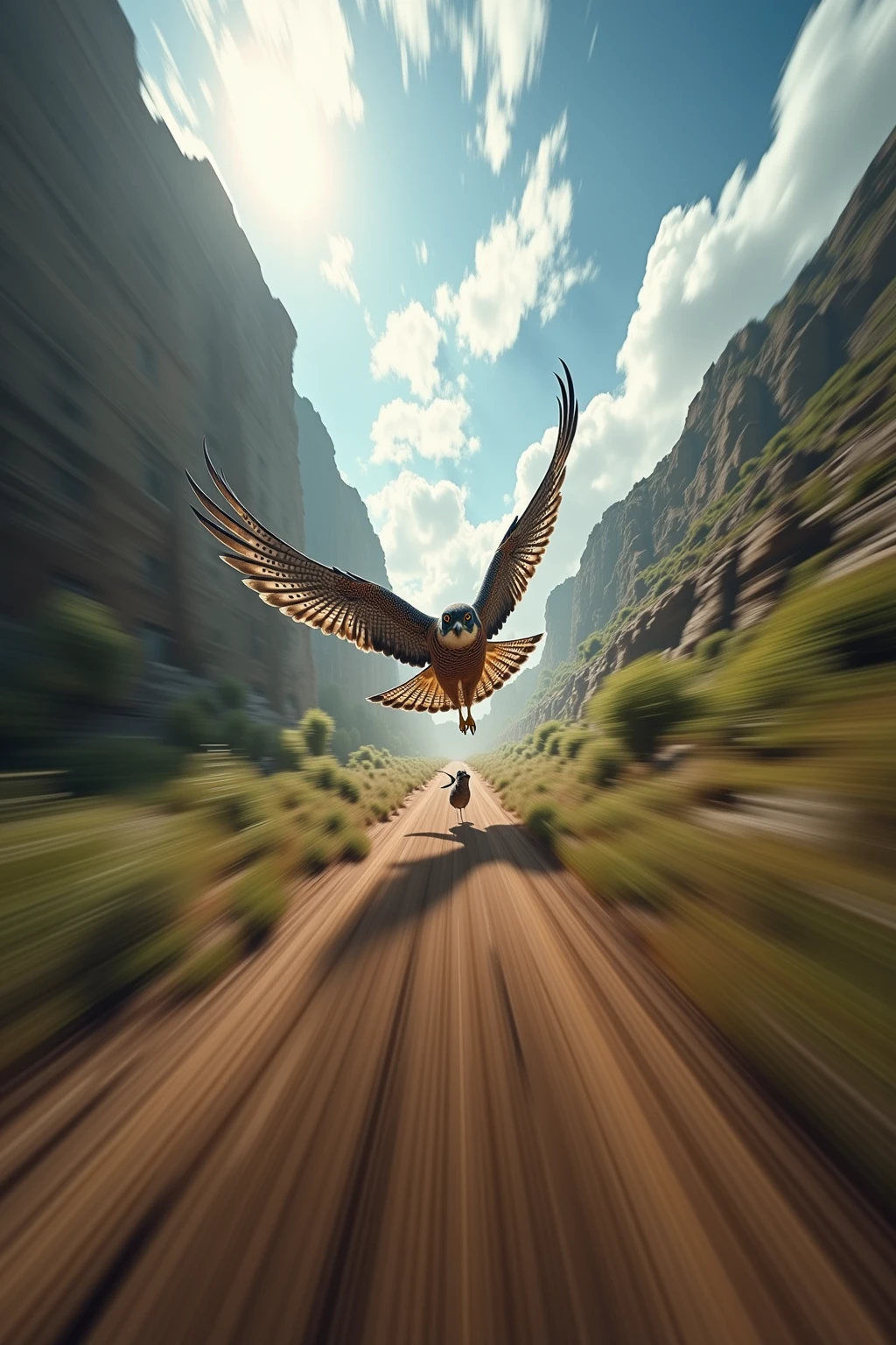 A thrilling, first-person perspective of a peregrine falcon in the midst of a high-speed dive, showcasing its unparalleled predatory vision. The scene is viewed through the falcon’s sharp, binocular focus, with the world around it appearing as a distorted, blurred tunnel of motion, emphasizing the incredible velocity. The edges of the image are streaked with dynamic motion lines and faint distortions caused by the rush of air.

Far below, the falcon’s prey is sharply in focus—a small bird or rabbit, vividly detailed and locked within the falcon’s targeting gaze, its every movement frozen by the predator's keen eyesight. The ground beneath appears to rush upward in a mix of browns and greens, with features such as rocks, trees, or grasslands becoming progressively clearer as the falcon closes in.

The colors are vibrant but selectively detailed, reflecting the falcon's ability to focus on its target while its peripheral vision blurs out distractions. The sensation of speed is further amplified by a faint, transparent layering of air currents streaking past, pulling the viewer into the falcon’s aerodynamic descent.

The lighting creates sharp contrasts, with sunlight streaming through patches of clouds in the upper part of the scene, casting dynamic shadows across the rapidly approaching ground. This immersive image captures not only the falcon’s unparalleled speed but also the precision and clarity of its predatory instincts in action, offering a rare glimpse into the world as seen by the fastest bird on Earth.