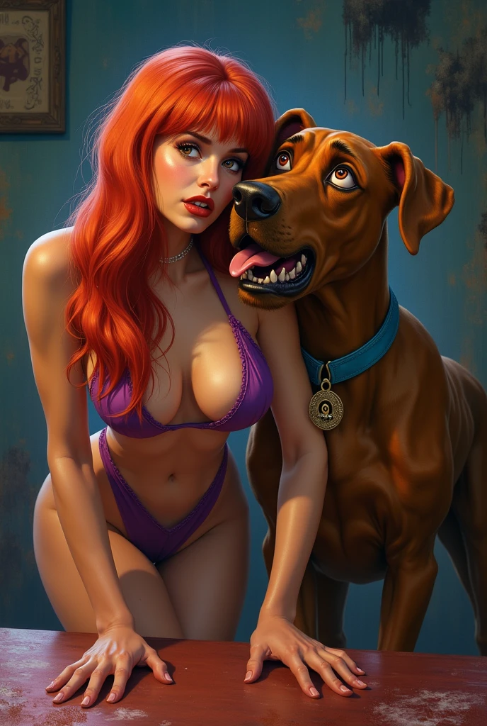 NSFW (nude) (Nami ((human)) large breasts, strip of pubic hair) doggystyle fucking, male Doberman dog with dog penis, full body, on a deserted beach