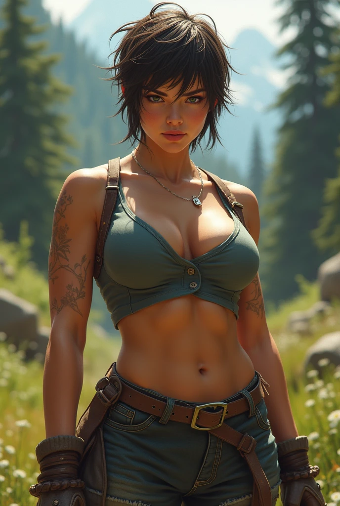 ((Masterpiece)), ((Best Quality)), ((highres)), ((UHD)), ((absurdres)), (1 girl), ((ultra-detailed)), ((dramatic lighting)), blushing, smile, green eyes, bob cut, bangs, black hair, short hair, ((choker)), crop top, ((black tank top)), ((black pleated mini skirt)), ((gigantic breasts)), ((cleavage)), shiny skin, vivid colors, full body shot, ((sharp focus)), outdoors, standing up, green grass field, feminine, shy, ((award winning)), ((arms behind back)), navel, seductive, alluring, sexy, (perfect face), perfect female figure, ((perfect anatomy)), black eyeliner, black lipstick, ((gothic)), ((Perfectly round breasts))