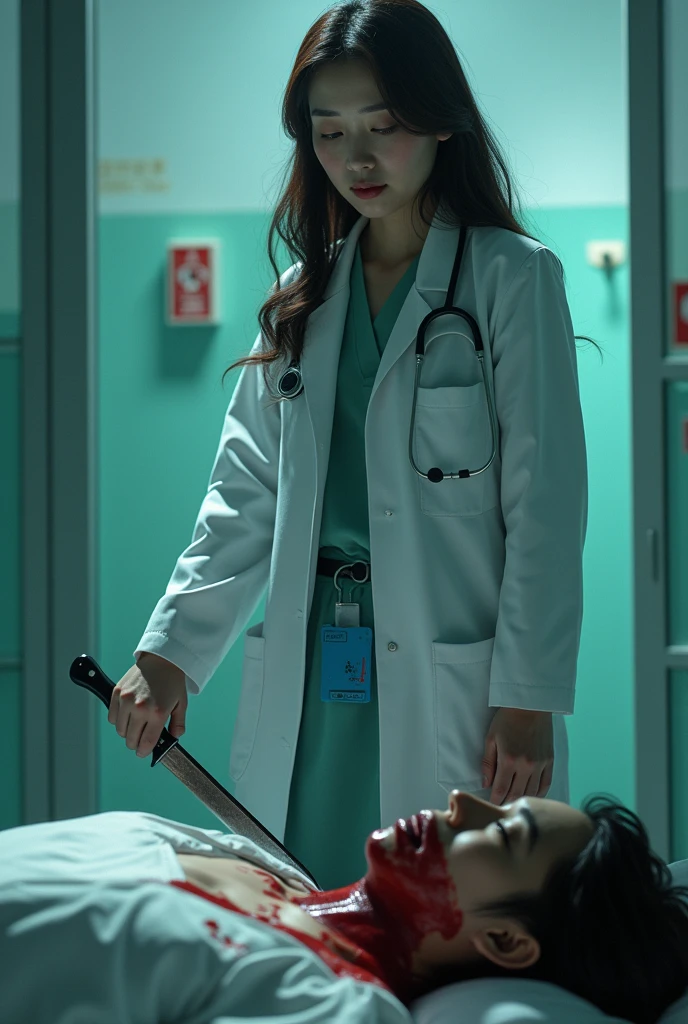 The same blonde girl with bangs, Now completely covered in blood and guts, finds himself in an operating room that is absolute chaos. His black surgical mask, her white apron, and her white latex gloves are soaked in blood. What was once a person, It is now a mutilated and unrecognizable mass, stripped of all humanity. The atmosphere is oppressive and macabre., with the sterile environment of the operating room contrasting sharply with the brutality of the scene.