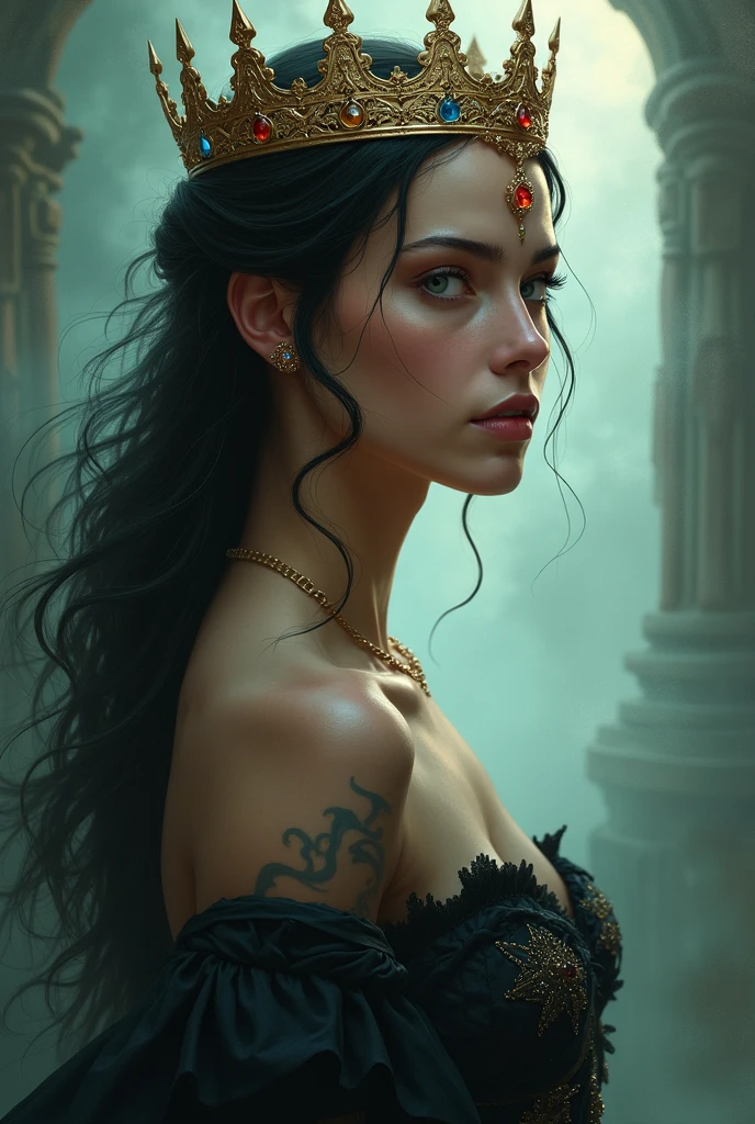 Wearing a black dress,Arad woman wearing a red flower crown, detailed matte fantasy portrait, hyper-detailed fantasy character, cinematic goddess close shot, cgsociety 8 k, cgsociety 8k, cgsociety 8k, stunning cgsociety, cgsociety contest winner, Fantasy art Behance, intricate wlop, cgsociety contest winner!!, CGSesociety )