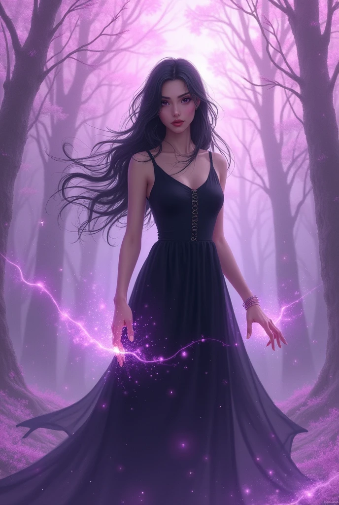 A teenage witch with black, curly hair wearing a purple magic school uniform. 
