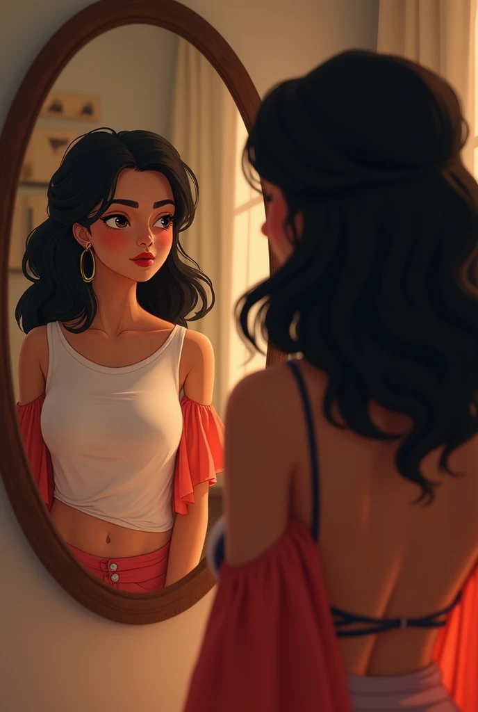 taking selfies, High-quality detailed image of a beautiful girl: (Mestizo: Lineament, Persian: 0.2 : Egyptian: 0.3 : Darna: 0.25 : Selena Quintanilla Perez: 0.25) : pale skin, ((Asymmetrical haircut)), High facial detail : Realistic : in a T-shirt and shorts, endearing smile, (oil painting:0.75), (Screensaver:0.75),(teal:0.2),(Orange:0.2), (by Jeremy Mann:0.5), (John Constable:0.1), (Yuriy Arkus:0.5),(acrylic paint:0.75), 8K