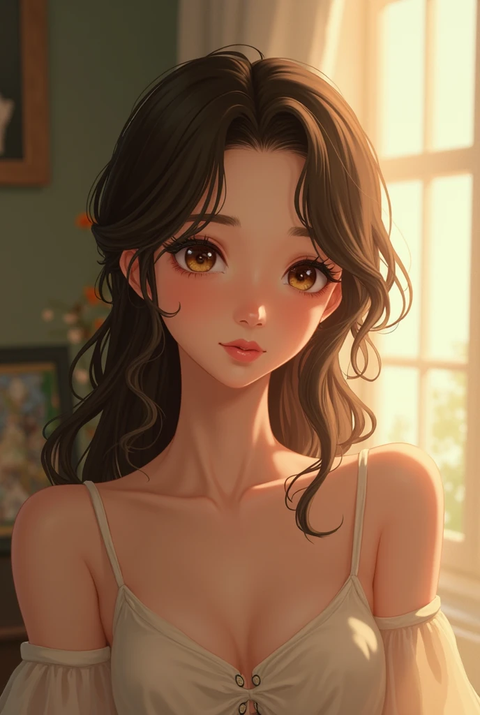 A delicate and elegant girl, shy but cheerful looking. Light brown curly hair that reaches above her shoulders, bright green tabby eyes. A round but slender face with long eyelashes and slightly marked and feminine lips, and discreet makeup. She is chubby and a bit short, She has a bit of thighs and thin arms, slightly marked hips and somewhat bulging medium-sized breasts. She wears a loose-fitting cream-colored vest and a casual but simple-style blue dress.. She has a smile and a somewhat seductive look