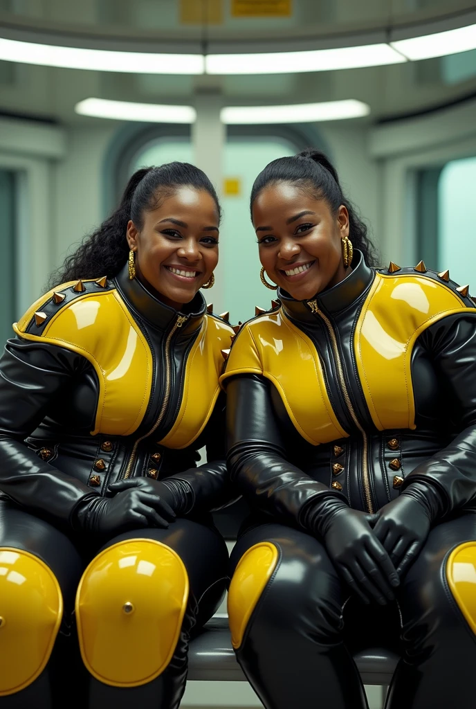a group of sexy space goblins, green skin, chubby, large breasts, wide hips, wearing revealing scrap metal space suits, posing seductively in a bedroom, surrounded by scrap metal ships and weapons with skull insignias, highly detailed, 8k, photorealistic, dramatic lighting, fantasy, science fiction
