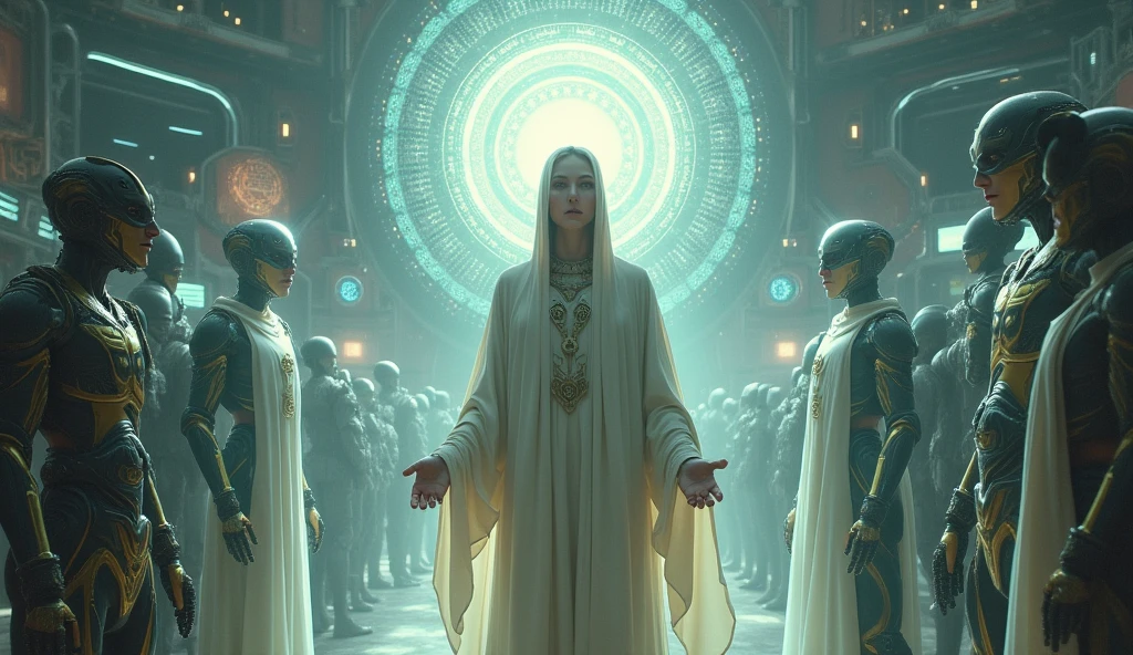 three women in dresses stand in front of a stained glass window, inspired by Kilian Eng, pale orange colors, in metal hurlant, white and gold priestess robes, still frame from a movie, by George Manson, striking artstyle, three women, benevolent android necromancer, theron, esoteric --auto --s2