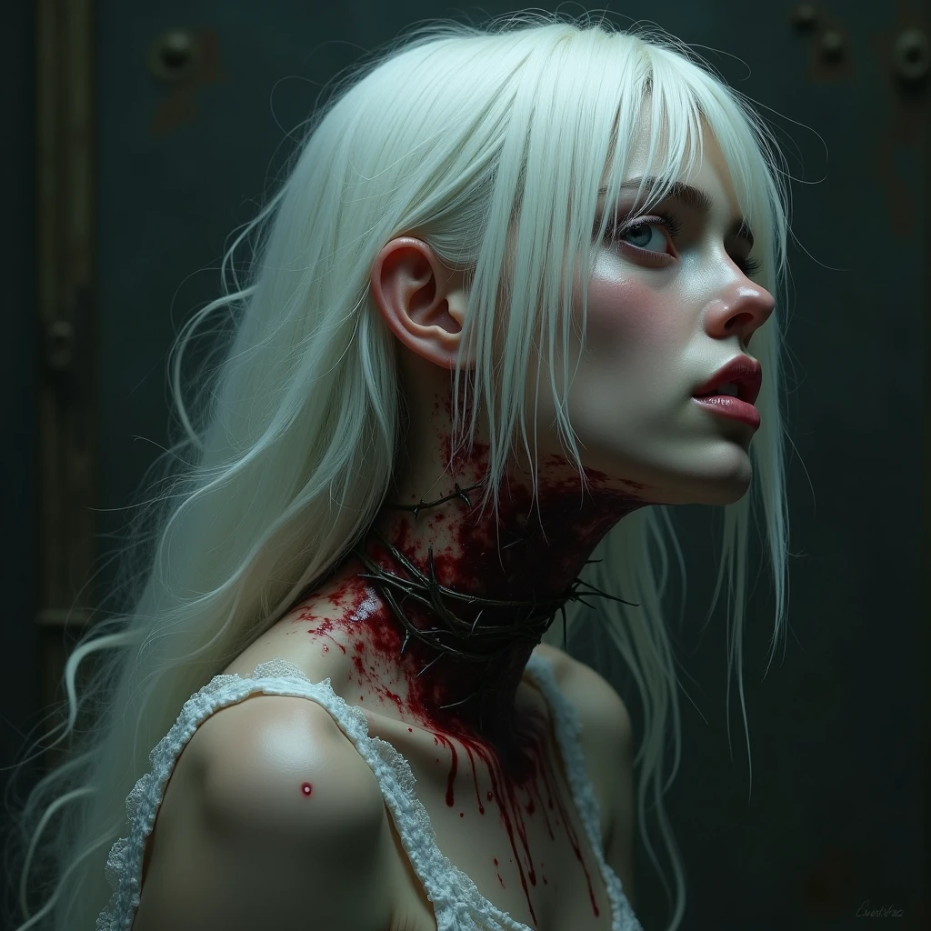 Cyberpunk girl, with wires comming out, mandibles, dentes afiados, Filme de Horror, animatronic, filme gore, filmed with panavision, monochrome, old VHS style, beautiful face, being choke, hurt , pain, choke, hand choking