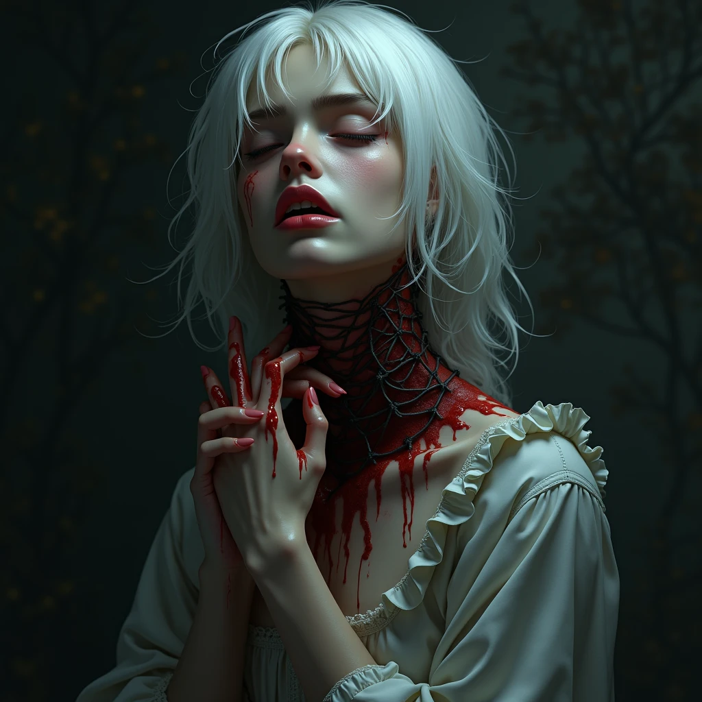 a woman with white hair and blood on her face, by Lise Deharme, pale woman covered with blood, inspired by Lise Deharme, guro art, by Charlie Bowater, blind, by Ross Tran, bloody tears, by Gottfried Helnwein, by Bastien L. Deharme, blind eyes, cgsociety 9