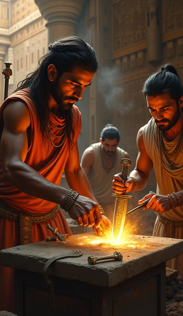 Prompt: "A scene depicting ancient Indian artisans working on the rock-cut caves, using chisels and hammers. The background should show partially completed sculptures and reliefs, with dust and rock debris scattered on the ground."