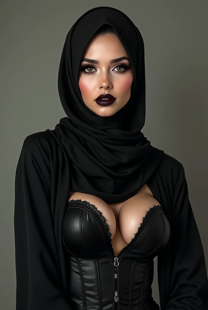 ((GOTHIC BLACK LIPS)), 10 years old, baby face, adorable, 1 girl, (face to face), 10 years old, baby face, happy, half body portrait, (face details: 1), (eye details: 1), ((big breasts)). wearing transparent transparency long shirt, hijab, .. Cute posed. proportional body. Ultra High Res. realistic: 1.4, UHD, ((BIGGER:1.9()