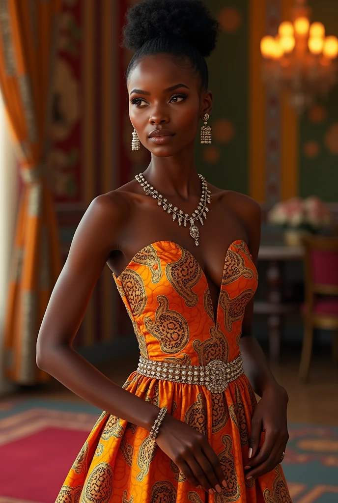 La femme vertueuse du proverbe 31 représentée comme une femme noire vêtue royalement pas d'épaules dénudées. Elle est en train de travailler avec grâce. Elle est belle
Il y a beaucoup de doré dans cette image(la déco, les vêtements, les ustensiles ,...
les couleurs sont vives ,éclatantes , très chatoyantes, harmonies de rose orange jaune ,vert anis ,turquoise