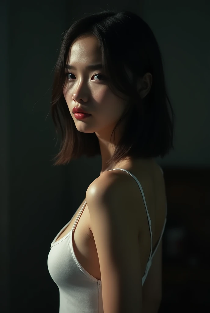Best quality, masterpiece, ultra high res, (photorealistic:1.5), raw photo, 1girl,, in the dark, deep shadow, low key, cold light, sexy look, short hair, smooth , Deep neckline, strap slip off arm, ample bust.