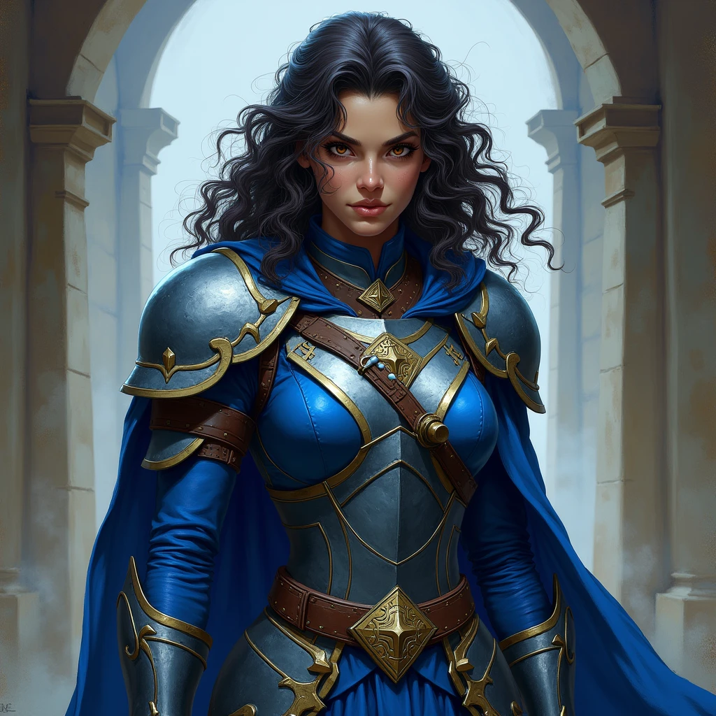 1 woman, she is a witch, inside a dark and gloomy castle made of stones, wearing simple blue armor, a thin brown band around her forehead made of simple cloth, detailed facial features, black eyes with feminine gold streaks, detailed white skin, dark woman, long dark brown hair in a braid, dramatic lighting, cinematic composition, dark palette, dark colors, atmospheric haze, thin chin, serious face, serious face, strong and beautiful woman (best quality, 4K, 8K, high resolution, art: 1.2), ultra detailed (realistic, photorealistic, photorealistic: 1.37)
