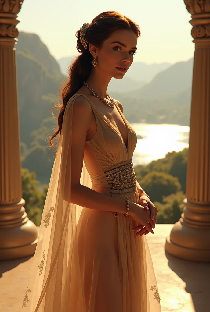 (masterpiece, best quality:1.5), highest quality, High resolution, super detailed, Realists, Upper body photo of a brunette sorceress, detailed and beautiful eyes, beautiful detailed lips, very detailed eyes and face, longeyelashes, shiny satin dress, Holds a wand in his hand and performs a transformation spell. Beautiful and colorful makeup, elegant and noble々The jewelry bag, Gardens as background, soft daylight, bright colors, fine brushstrokes, Portrait style, Silk dress fabric, beautiful color palette, glowing skin, First-class rendering, that captures every detail, enchanting atmosphere, subtle shadows and lights, (perfect anatomy:1.2), (The stunning sorceress transforms objects) (eine Transformation):1.4), (magnificent panorama view:1.2)