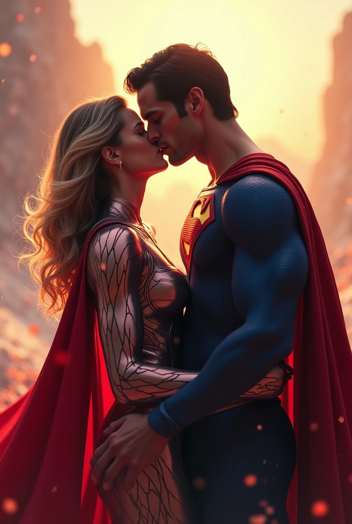 You can create an image of a loving kiss between Wolverine and sexy Supergirl