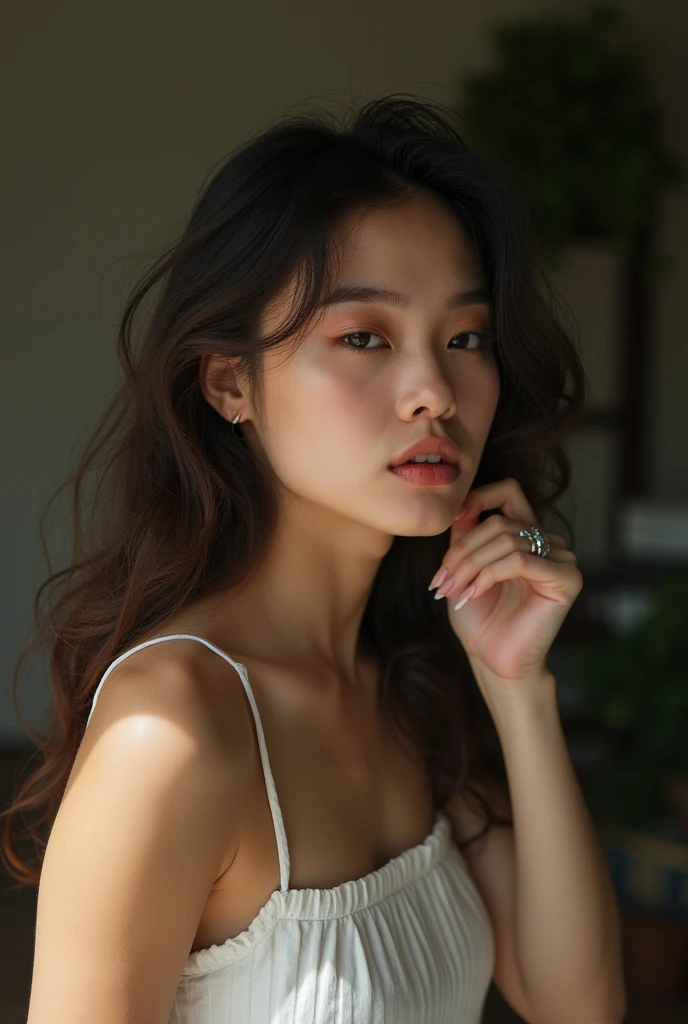 Asian women portrait photography,warm sunlight,Green plants placed beside the bed,indoor