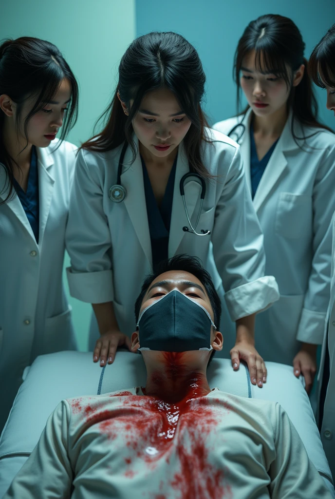 masterpiece, highest quality, (solo focus), (perfect face:1.1), (high detail:1.1), (hyper detailed eyes),Male patient on operating table、Japanese high school girls performing abdominal dissection 2、(Sadistic female doctor opening her laparotomy:2)、Japanese high school girl with scalpel for surgical surgery、Devilish Smile, Look at viewers