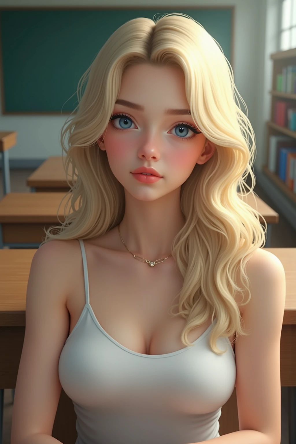 1girl, ((masterpiece)), ((detailed face)), best quality, realistic face) ,face full of lust, enthusiastic, blonde hair, girl school, ((naked sexy sitting in a desk)), super plump thick manhwa body, ((big breast, pink big nipples)).