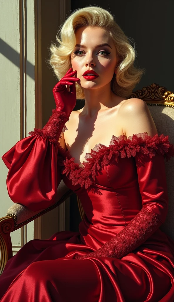 Screengrab of 1950's Super Panavision 70 movie. Ultra quality Retro in color, Marilyn Monroe in Avengers Wanda Maximoff Dress.