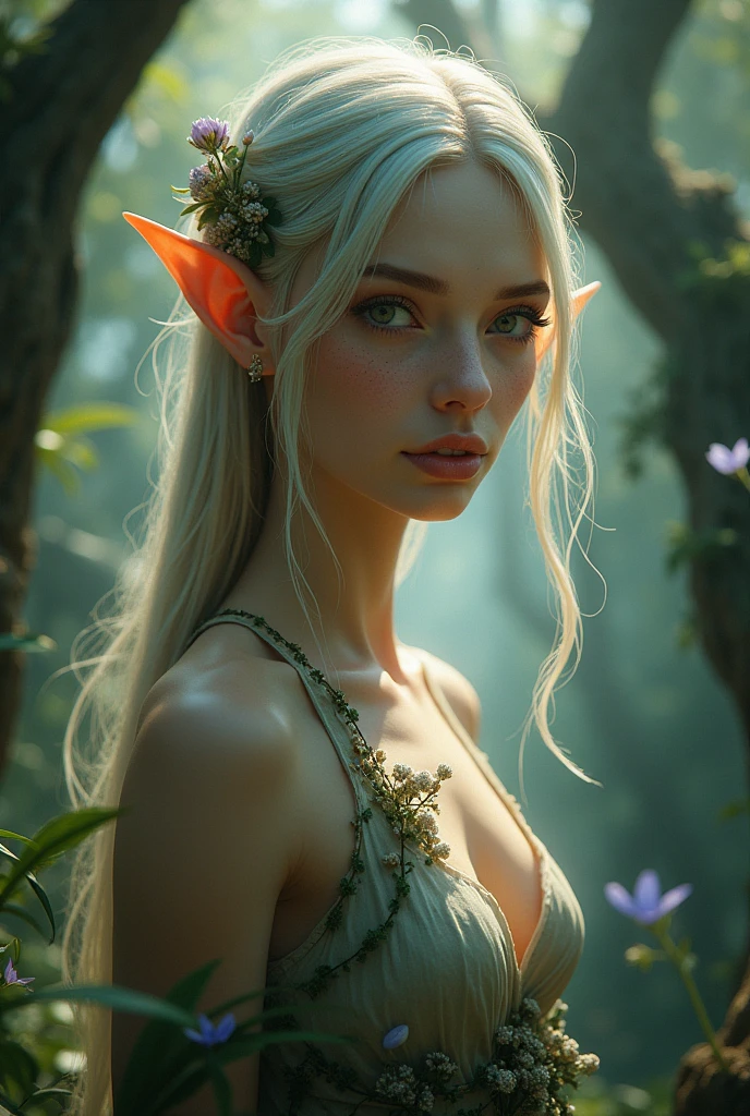 female elf, looking at viewer, flowing cloths and silver amor, the silent forested, mysterious, fantasy art, Donato Giancola, craig mullins, parth, masterful strokes legendary