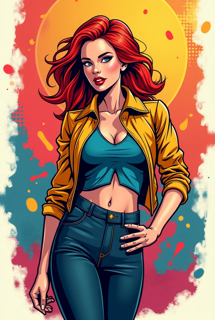 ((masterpiece, best quality)), ((Curvy Red-haired Latina in grey sweater and white panties)), started and embarrassed, (( Green eyes)), wearing red lipstick, EUF, comic book art style, intricate details