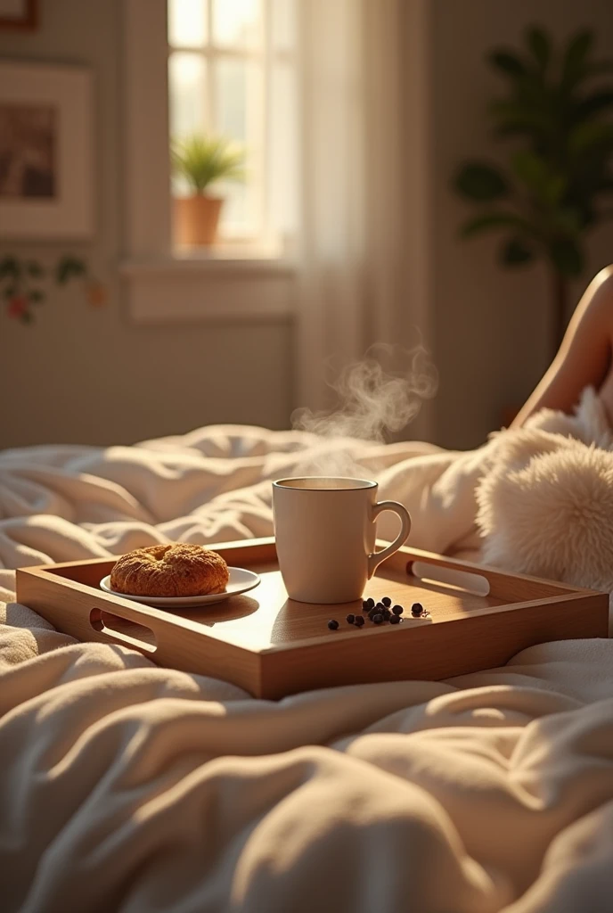 Araki woman lying on a furry carpet,With a cup of tea and a plate of bread, Lie on a furry blanket, synthetic fur, coffee smell, morning hour, Uptrend ,, swimming in a pool of coffee, cozily, anna nikonova, mid day, Tranquil Mood, woman very tired, stunning visuals, Real fur and real skin