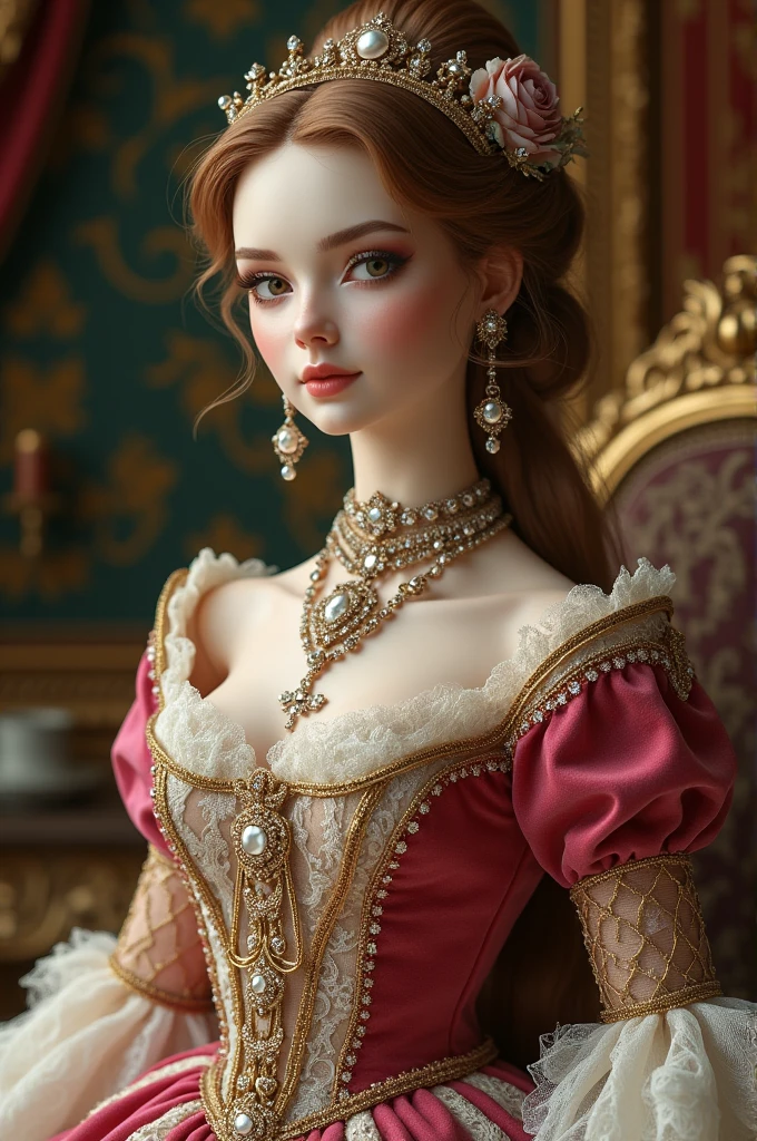 Girl with white wavy hair,side braids,beautiful necklace, Targaryen women hairstyle,beautiful gold tiara, red and black dress
