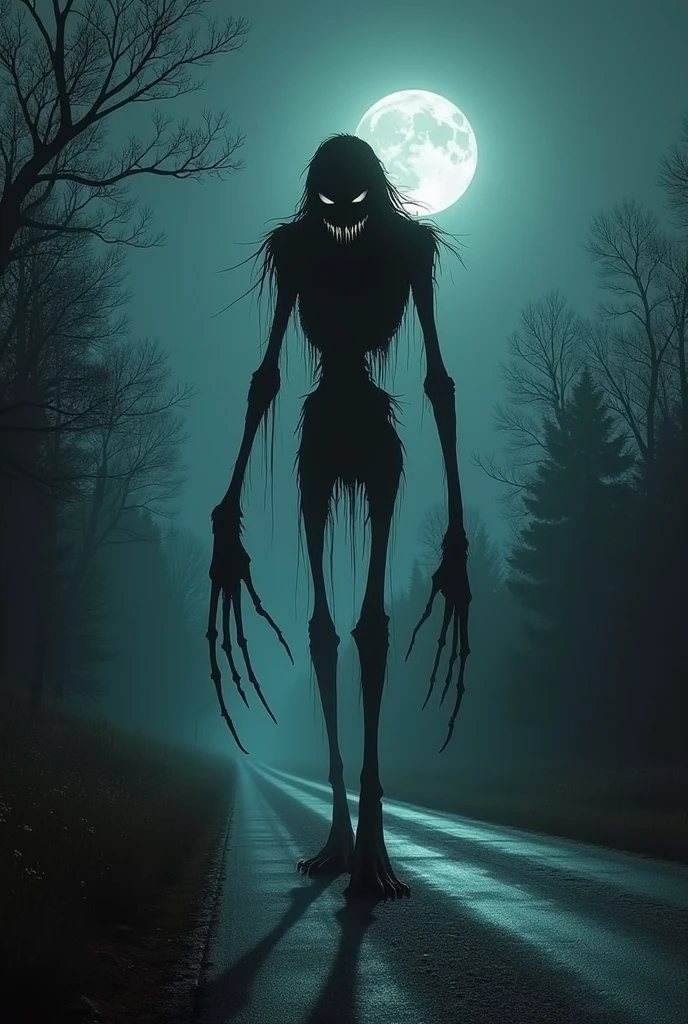 A macabre black creature with long legs and hands with a smile on its face on a night wandering along the side of the road