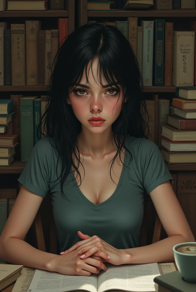 A stunningly tired woman's face, with a prominent nose ring in the middle and tired bags around her eyes, exudes exhaustion and weariness up close. Her huge, down-slanted eyes convey a hauntingly unsettling look, combined with relaxed eyebrows that add to the overall eerie atmosphere. This detailed depiction is evocative of a high-quality photograph, capturing every nuanced expression and emotion with precision and depth.