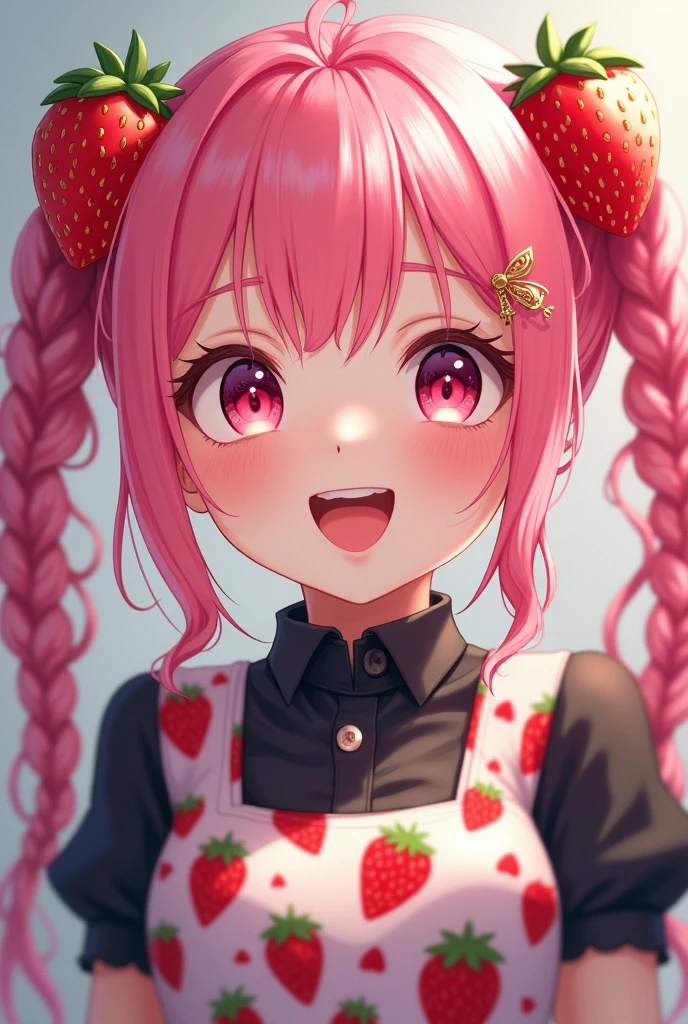 Soft and gentle pattern,anime illustration,Her hair is pink and has twin tails.,((Big strawberry hair clip in a knot)),Her twintail hair is permed and fluffy.,girl with pink eyes,her face is cute、Confident smile,Appearance of about 12 years old,((small breasts:1.5)),((Whole cake with lots of strawberries)),Fancy background in pastel colors,((A cute smile with an open mouth)),