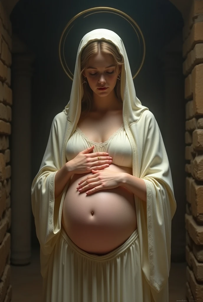 Woman in sensual pose with lingerie, 8 month pregnant body, bountiful breasts, inside a church with candles lit, stained glass windows illuminated by sunbeams, super realista bem detalhado em hd high qualiy, ((best qualityer, Top-notch image quality, high qualiy, Real image in high resolution, detaileds, ​masterpiece, professional photograpy))