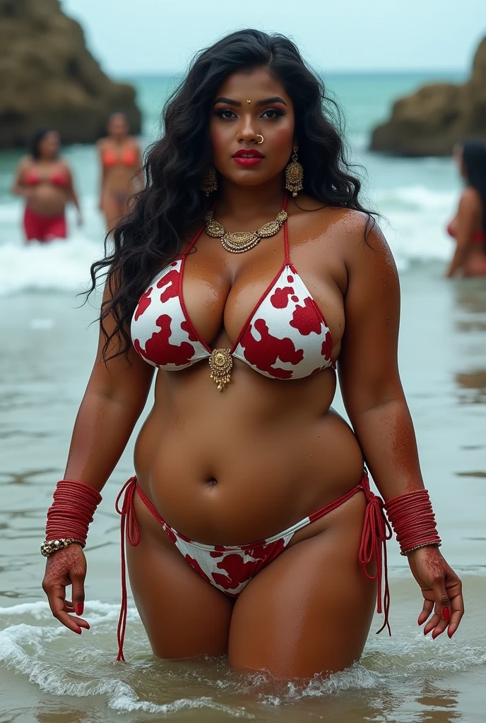 Wet CURVY FIT PAWG MARRIED INDIAN BRIDE, full body picture , BBW Wet curvy, wet Desi Bhabhi showing her big ass in sexy thong COW pattern bikini and showing cleavage and in nose ring, many RED gold bangles in hands,earings, necklace ,lipstick ,navel,Indian, Chubby, showing her curves in sea water, sea waves , rocks, Group of lesbian women, Henna Mehendi, with husband and children