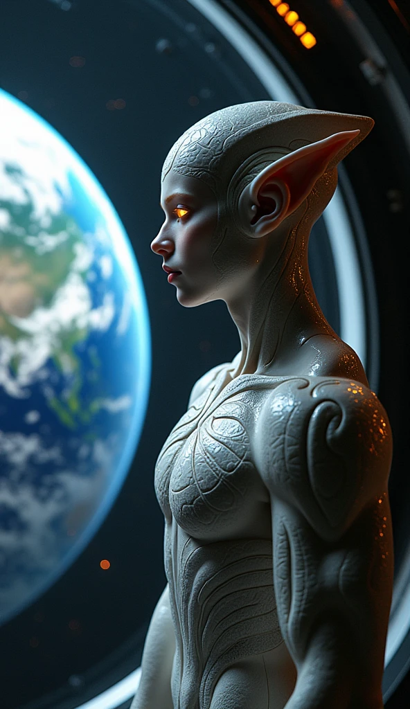 An alien creature from a galaxy far, far away，Demonstrates impressive supernatural abilities，Silently observing human activities。This entity is shrouded in an aura of mystery and power.，Radiating dazzling energy and distinctly non-human features。Its sharp eyes are scanning the Earth，Absorb the complexity of human culture and life。This scene is set against the backdrop of the vast universe.，The Earth is illuminated，Showing its beauty and diversity。This alien is unlike any life form on Earth，Symbolizes a paradox：Being an outsider，Deeply focused on human life