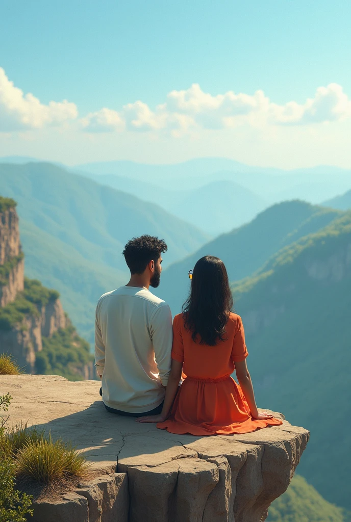 A muslim fat couple hugging man is taller than woman black hair woman long curly hair looking into a beautiful view a picture from behind.