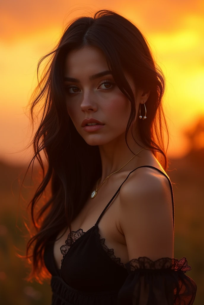 A full-body shot чрезвычайно красивая молодая леди, subtle makeup, golden hour, photorealistic, high contrast, 8к HD, detailed, hyper-detailed, realistic skin texture, Long dark hair, big breasts, Best quality, ultra high resolution, RAW photo, dramatic lighting, unreal engine, diffuse glow intricate silver eaba, a spear, a sword, no steering wheel