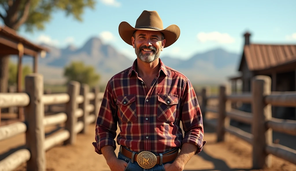 horse coral setting, 35 year old white American ruddy faced male "no facial hair", cowboy hat, cowboy belt buckle, wearing a plaid dress shirt, no tie, smiling big
