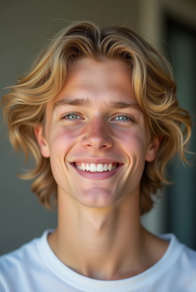 male version, hair blonde, wide chin, blue colored eyes, nice boy. shorth hair, curtain bangs. forte e musculoso, beautiful and cheerful.