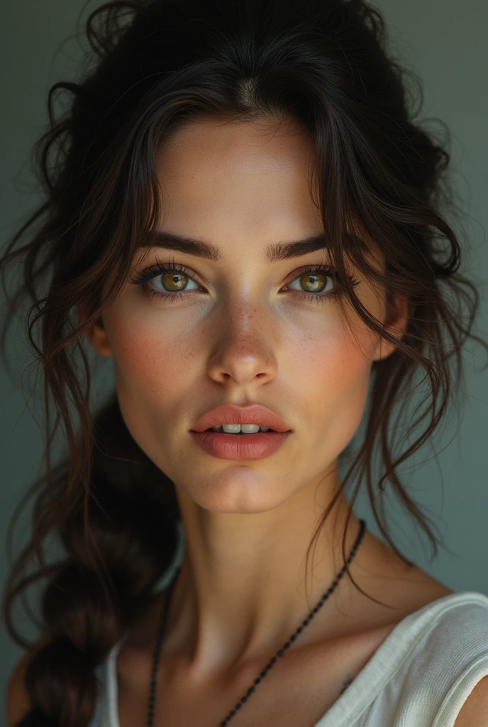 Slender cute teen girl with dark eyeshadow and voluminous lips. She is wearing a shiny print silk neckerchief
