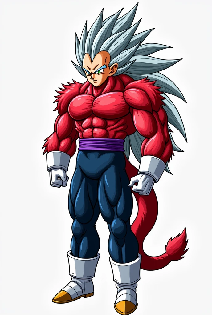 Long-haired white boy,yellow eyes,dark blue jeans by Jin,black boots without a shirt,red monkey tail,red fur on their arms(up to their wrists) back and part of their abdomen(transformed into super saiyan 4)anime style/dragónball 