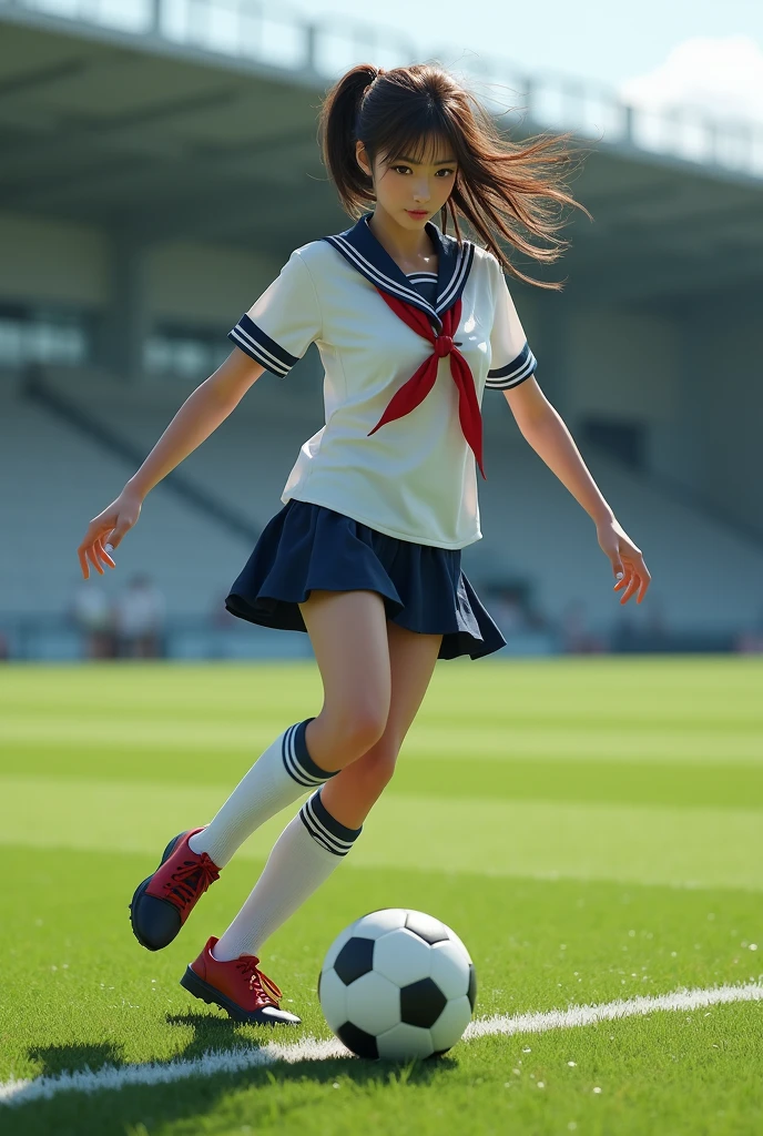 RAW image quality, 8K分辨率, Ultra-detailed CG image quality, 1girl in、A smile、The shirt、skirt by the、(Colossal tits)Chilarism、Japan High School Student Uniform、serafuku、summer clothing、(Sheer :1.4))、Upper body portrait、Dynamism!!Running with the wind、(kicking a soccer ball:1.4)、