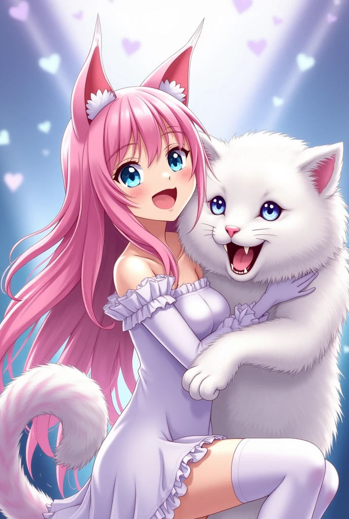 alone, girl,  long pink hair,  pink cat ears , ojos azules,  Angel wings, happy, innocent, big smile, fangs, mocking, provocative,  white dress ,  big breasts,  Lilac crow  , cat pupils ,  hugging a huge white lynx,  high stockings , beautiful thighs,  speaking ,  perfect scene ,  Masterpiece,  score 10 , anime colors, sideways, American take, beautiful, composition, harmony,  HIGH QUALITY,  poster quality , beautiful, female