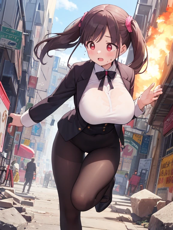 (ultra-detailed, master piece, best quality, high resolution, beautiful hair, beautiful eyes, expressive eyes, perfect face, perfect human structure), Construction site with gravel piles, big explosion of colors in the background, slightly frizzy, short cut, high twin tails up both sides, black hair, super baby face, big droopy eyes, heterochromia, pink eye, orange eye, very huge breasts, clearly defined body, pink, see through, very form fitting, full body tights, hero She is wearing a suit, sweaty, She is in a brave pose with her chest out, one arm raised, one arm out in front of her and both legs open, Slightly blushing, shy, but looking crisp, (from below, full body), (((looking away))), (((fellow men surrounding the girl and looking at her excitedly)))