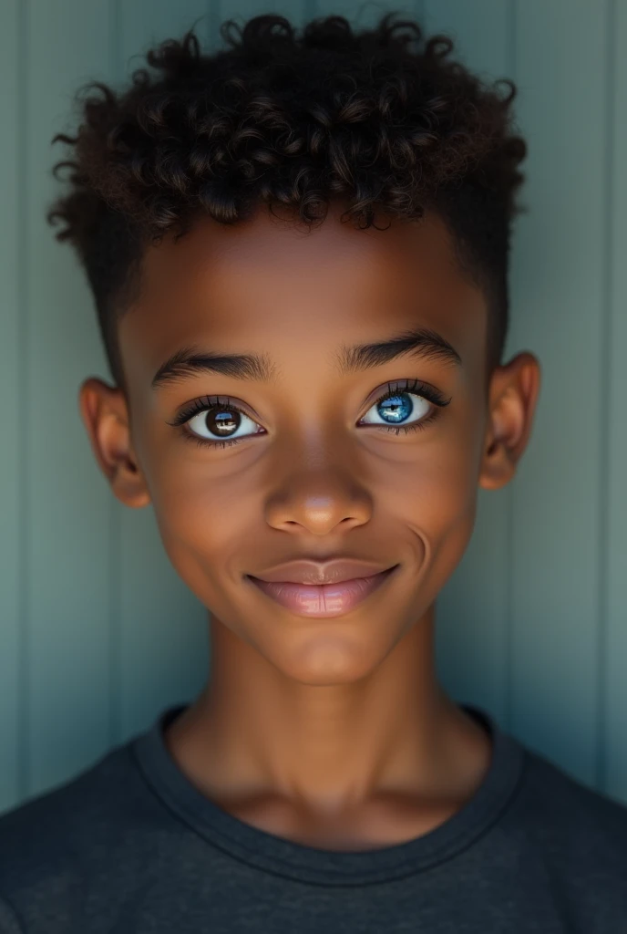 Beach realistic closeup photo of an ablazed black boy with blue eyes with an afro during blue hour