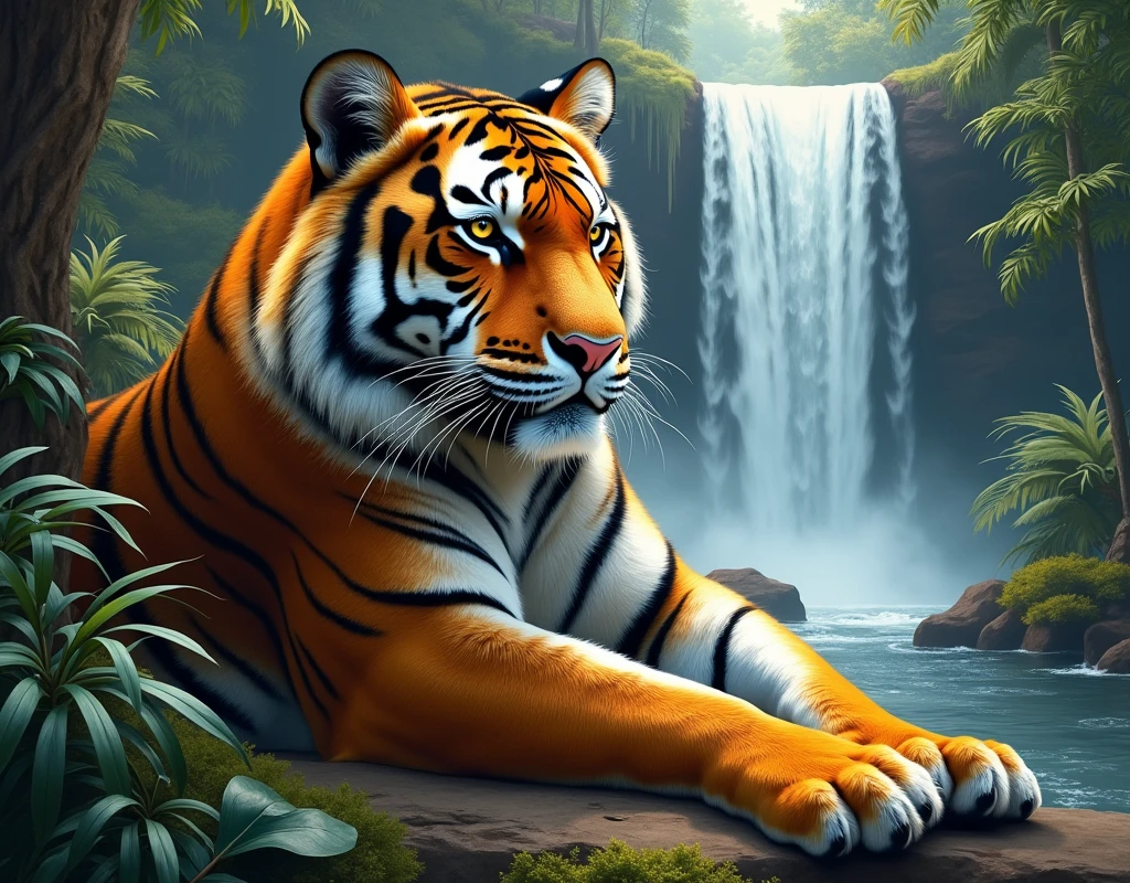 fantasy art, RPG art, an picture of an epic tiger resting near an epic sized waterfall in the desert at night, an epic tiger, big leopard, resting an viewing an (epic sized waterfall: 1.3), water coming down from a desert cliff, water cascading into a large pool that reflects the moon and stars, you can see the water hitting the pool, drops of water splashing around, photorealistic, 16k, RAW, award winning, (best detailed: 1.5), masterpiece, best quality, (best detailed: 1.3), full body, ultra wide shot,