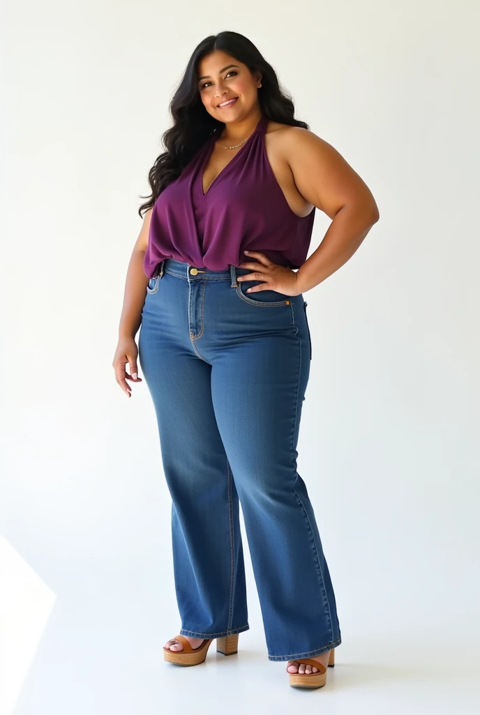 ((best quality)), (extremely detailed), (photorealistic), Chubby Latina, 30, small, short, thick, pale skin, cleavage, short height, wide hips, thick thighs, puffy nipples, small hands, short body, healthy, thick, plump, shorter, 4ft, wearing tight purple shirt and jeans
