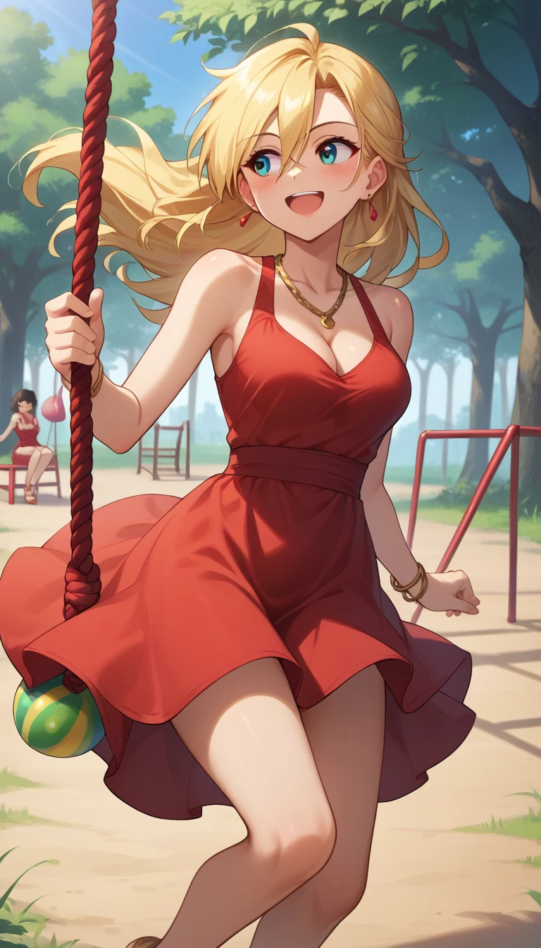 score_9,score_8_up,score_7_up,panty \(psg\), 1girl, underwear, red dress, jewelry, stud earrings, medium breasts, bracelet, cleavage, smile, blush, hair between eyes, looking to the side, bare shoulders, open mouth, dress sleeveless dress, BREAK tarzan rope, outdoors, day, rope, smile, swing, playground, floating in the air, legs together, rope between legs